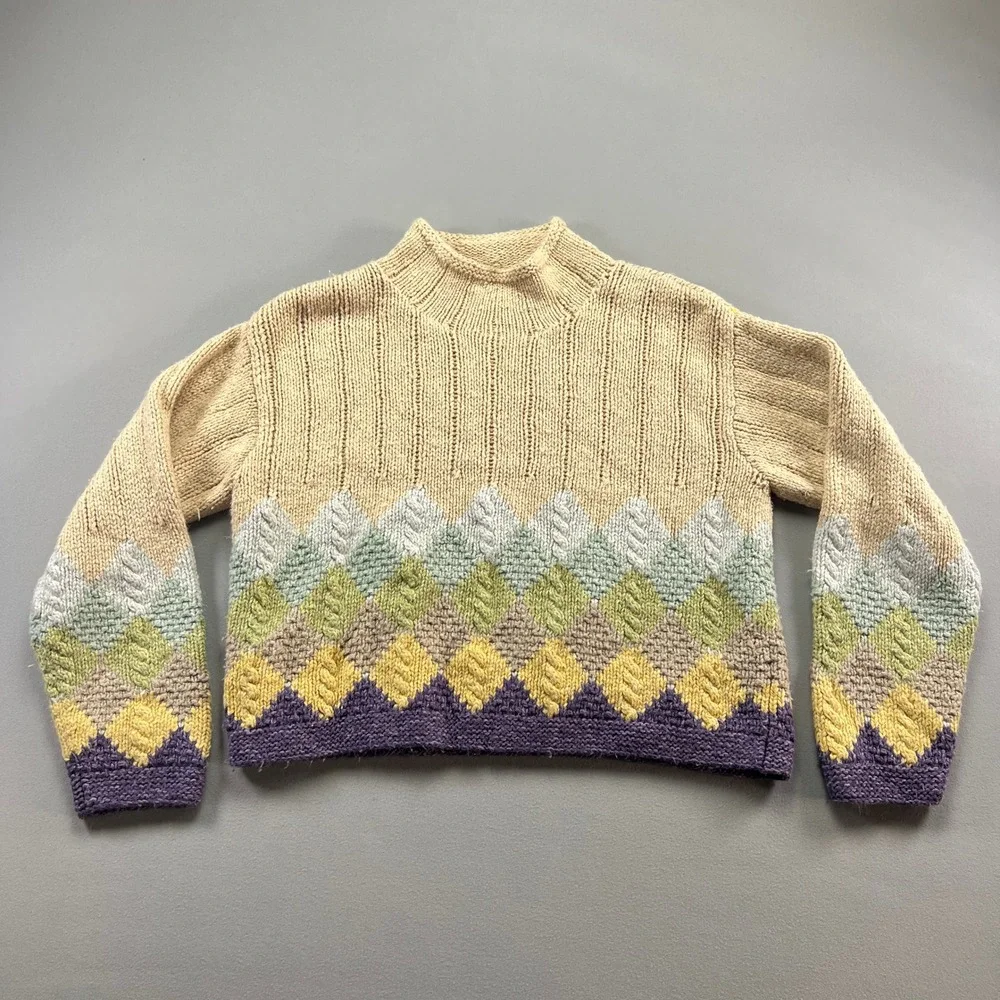 Liz Claiborne Knitted By Hand Sweater Womens Medium Multicolor Argyle Mock Neck